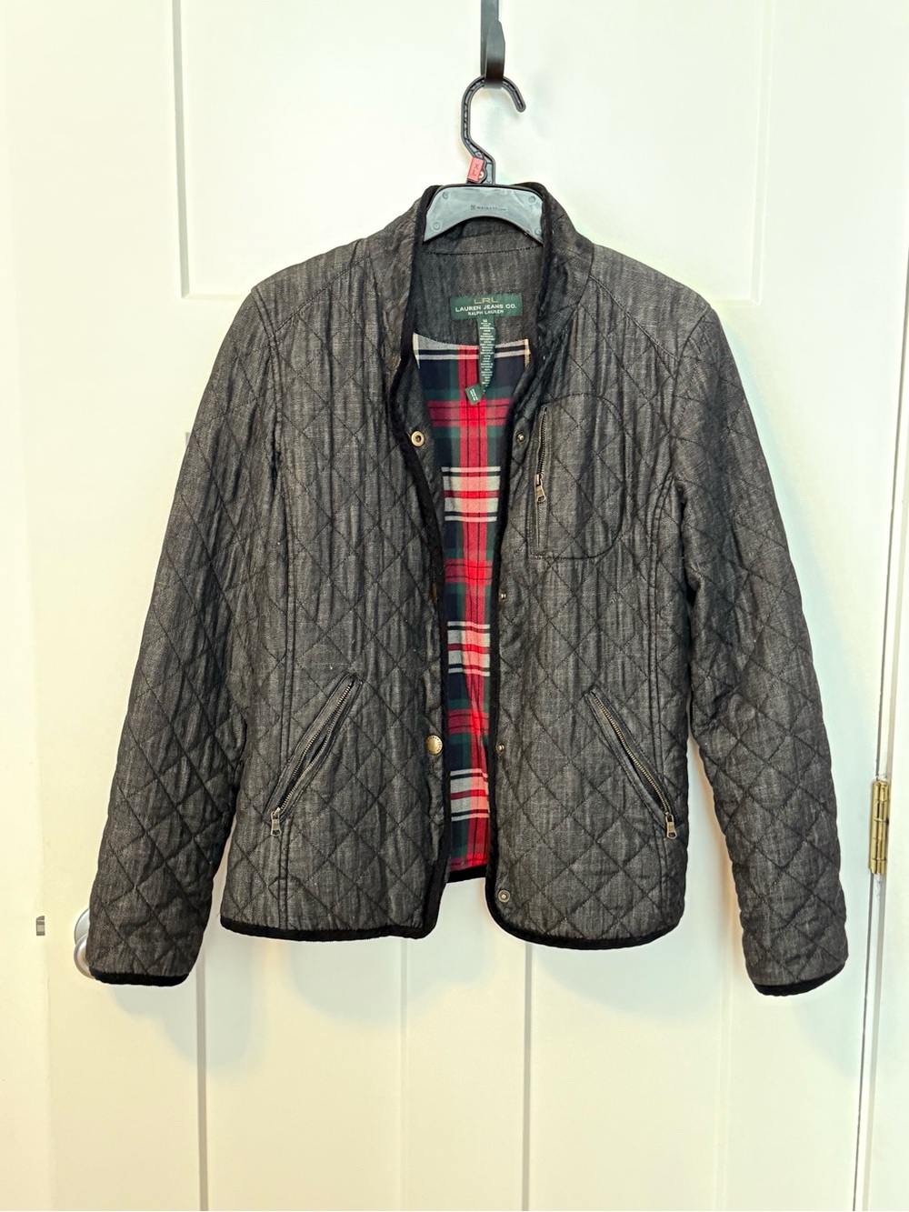 Ralph Lauren Quilted Puffer Jacket in Charcoal Gray with Red Plaid Lining